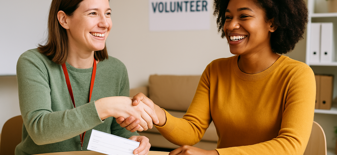 Two women in a nonprofit office shaking hands and exchanging a check